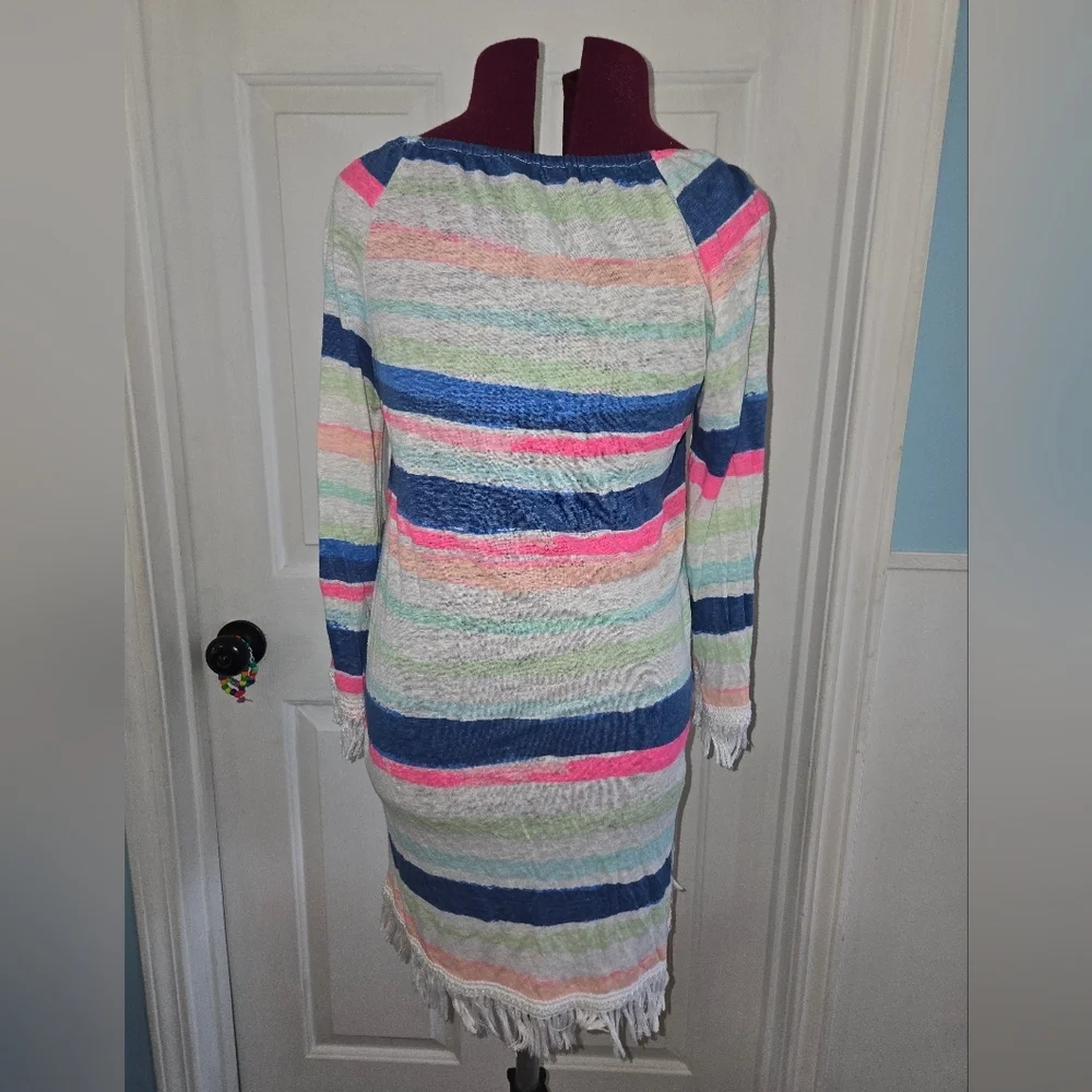Lilly Pulitzer Blue Pink Linen Striped Fringe 3/4 Sleeve The Getaway Dress - Picture 3 of 9